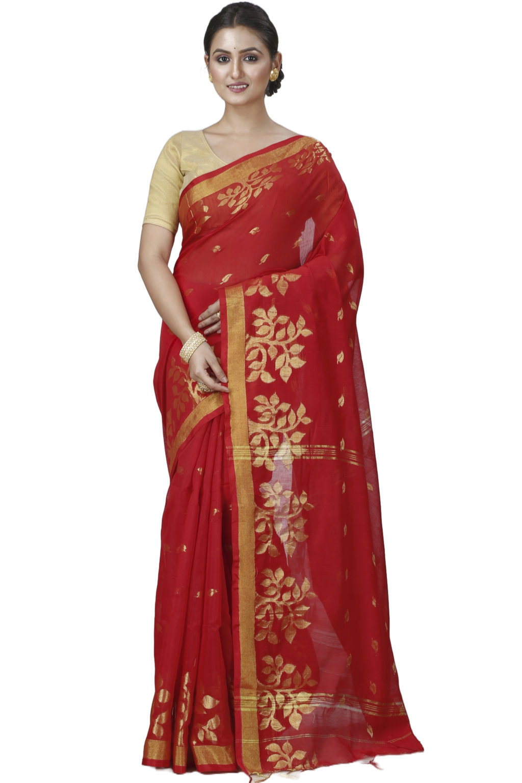 Red Blended Cotton Tina Hand Loom Saree (1213)